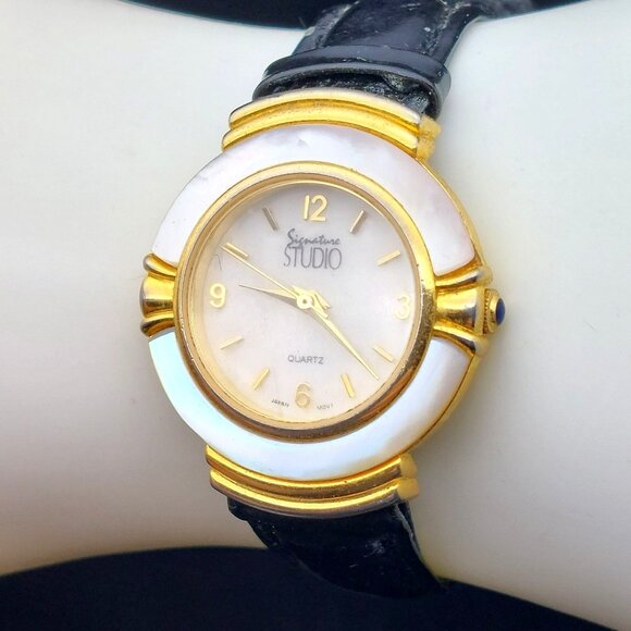Vintage Signature Studio Quartz Watch Gold & Silver Tone Black Leather Strap - Picture 2 of 10